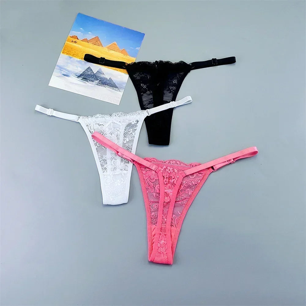 3PCS Einstellbare Sexy Transparent Tanga Höschen Frauen Spitze Unterwäsche Niedrige Taille Weibliche T-zurück String Unterhose
